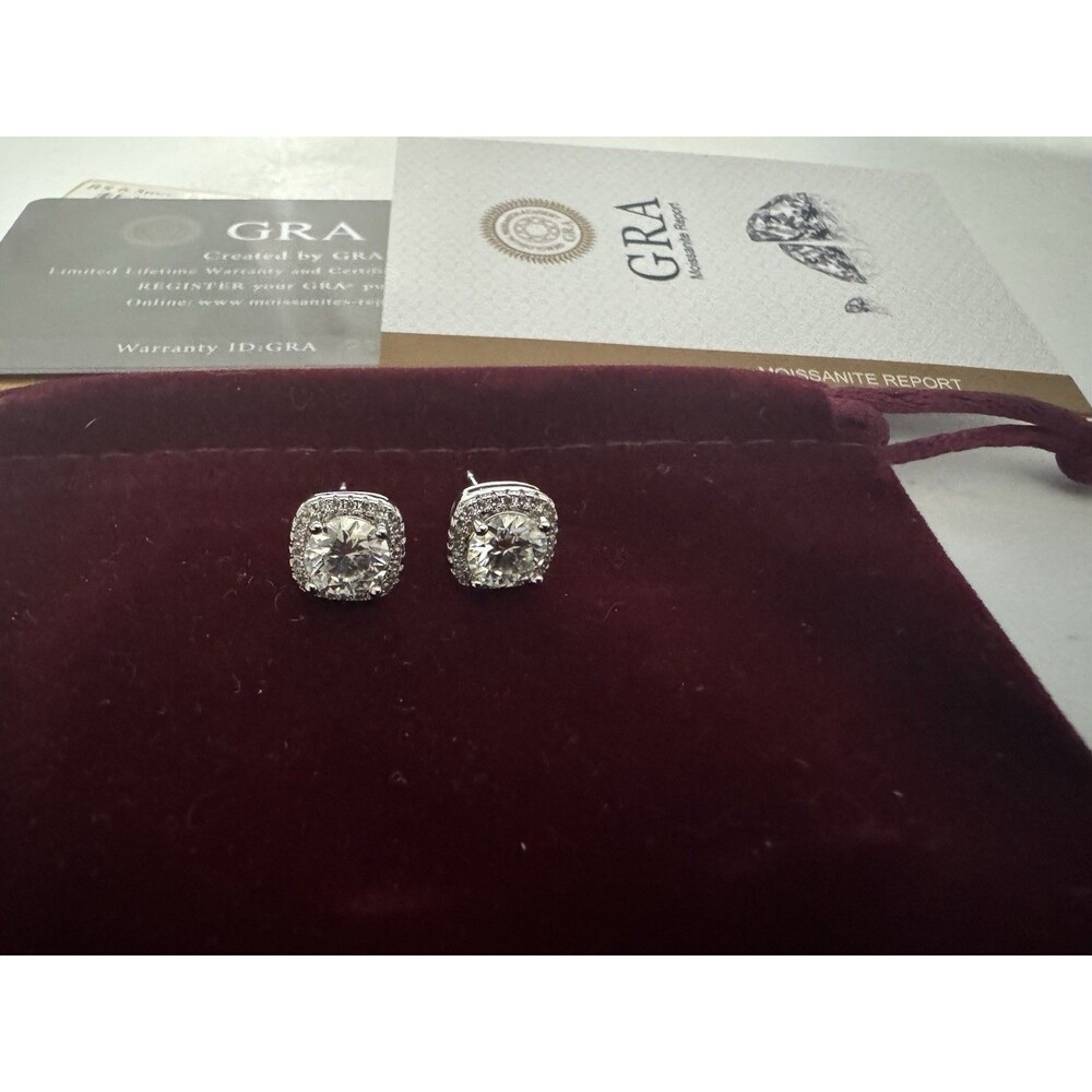 GRA 1 carat Moissanite Halo Cushion Earrings white gold plated Butterfly Back